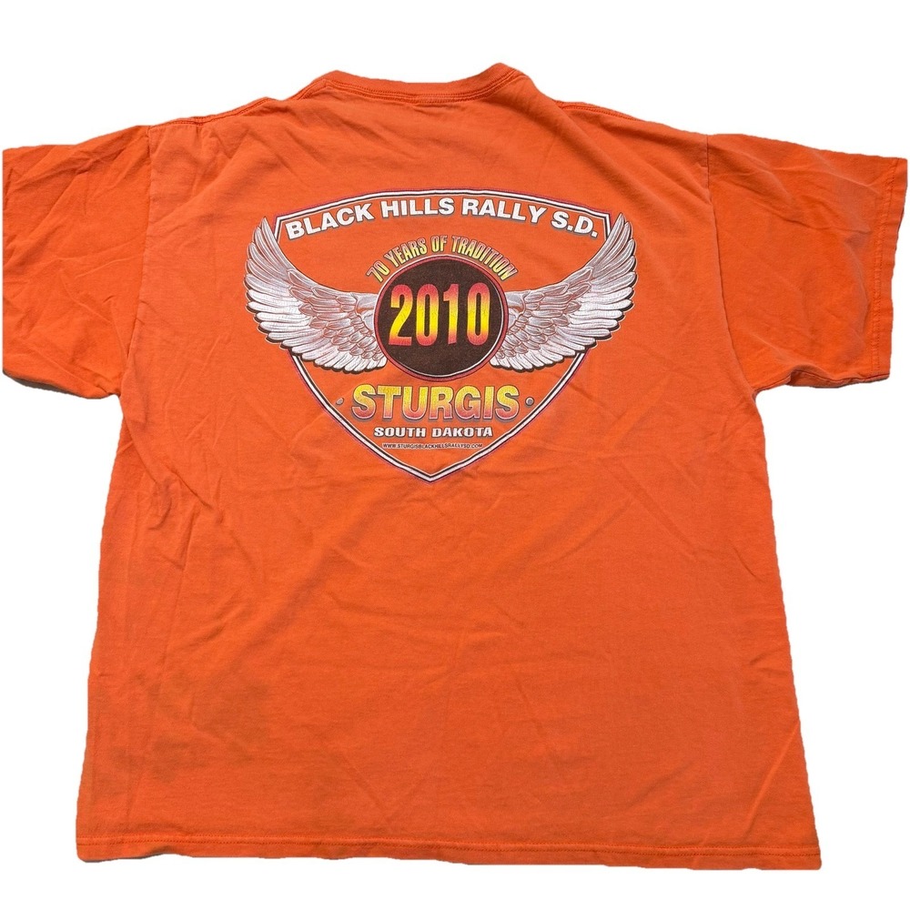 Sturgis Black Hills Rally 2010 70th Anniversary T Shirt Orange Mens XL Wings Y2K